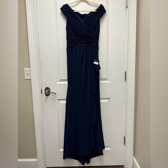 La Femme Womens size 8 Formal Dress Ruched Jersey Column Gown Navy Blue 30040 - Picture 5 of 12